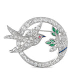 Antique 18K White Gold 2.70ct Diamond and Emerald Bird Brooch