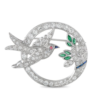 Antique 18K White Gold 2.70ct Diamond and Emerald Bird Brooch