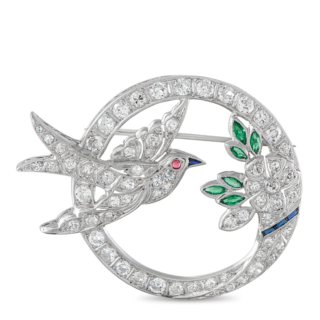 Antique 18K White Gold 2.70ct Diamond and Emerald Bird Brooch