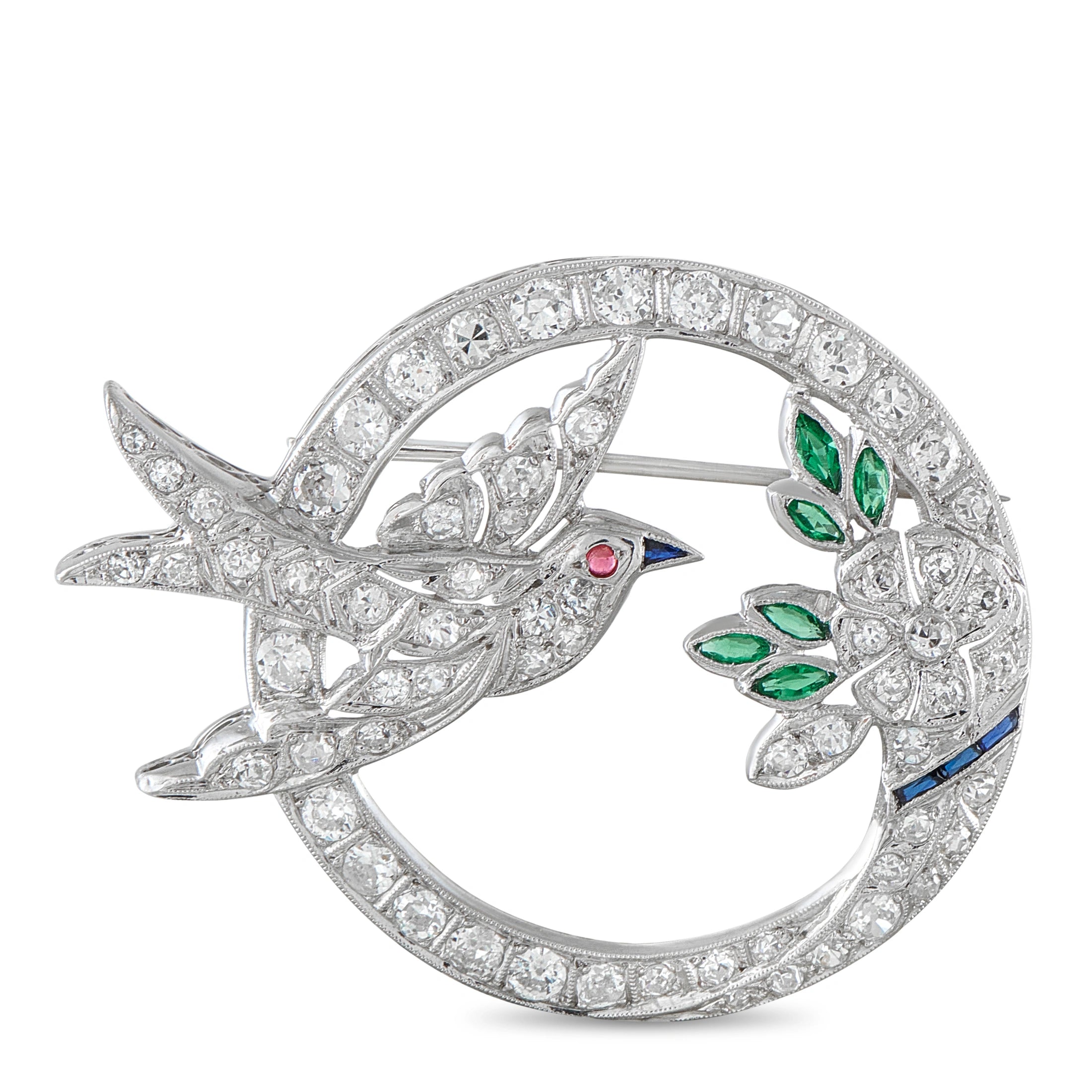 Antique 18K White Gold 2.70ct Diamond and Emerald Bird Brooch