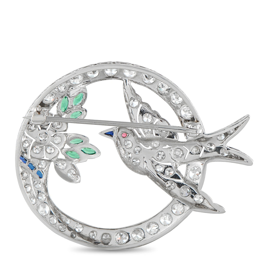 Antique 18K White Gold 2.70ct Diamond and Emerald Bird Brooch