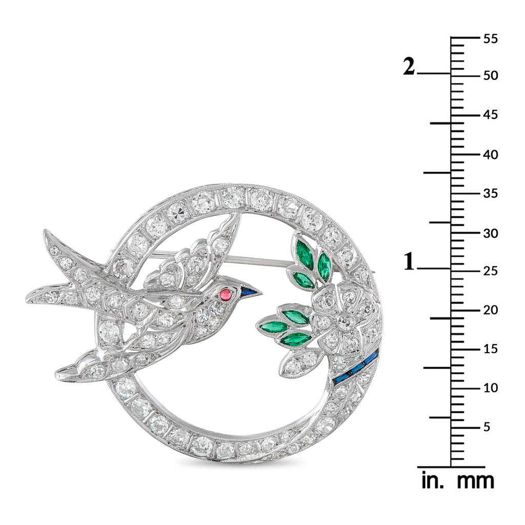 Antique 18K White Gold 2.70ct Diamond and Emerald Bird Brooch
