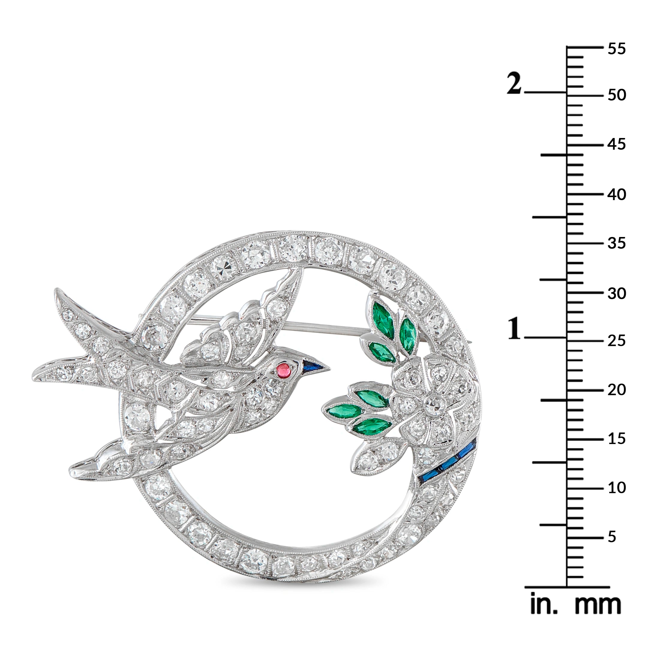Antique 18K White Gold 2.70ct Diamond and Emerald Bird Brooch