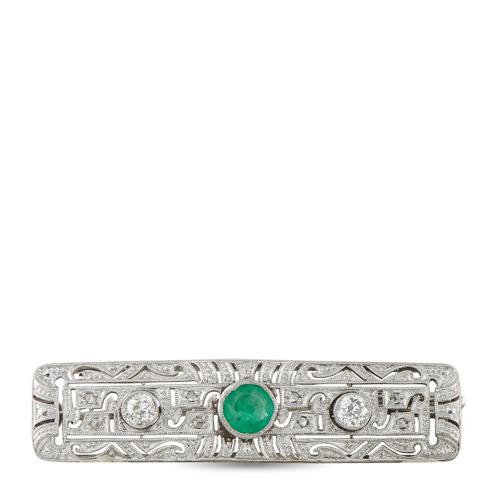 Antique 18K White Gold 0.50ct Diamond and Emerald Bar Brooch