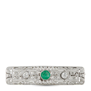Antique 18K White Gold 0.50ct Diamond and Emerald Bar Brooch