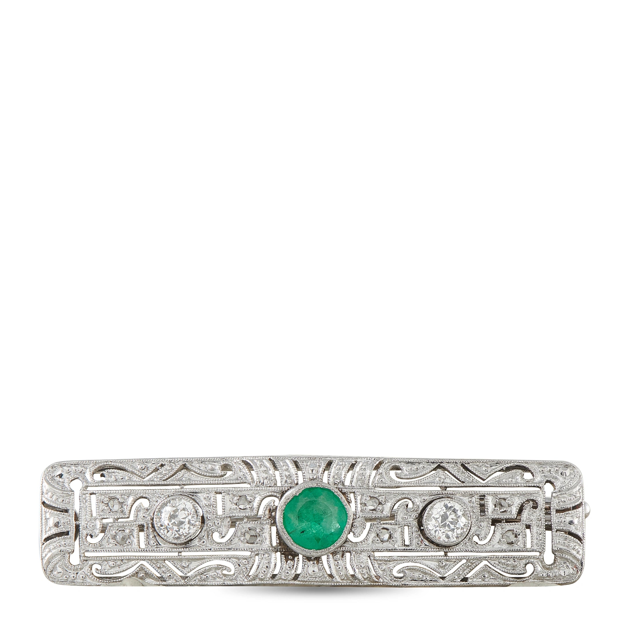 Antique 18K White Gold 0.50ct Diamond and Emerald Bar Brooch