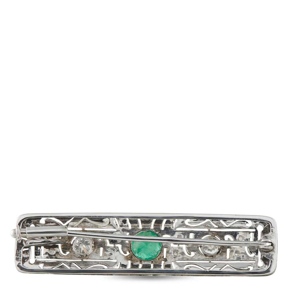 Antique 18K White Gold 0.50ct Diamond and Emerald Bar Brooch