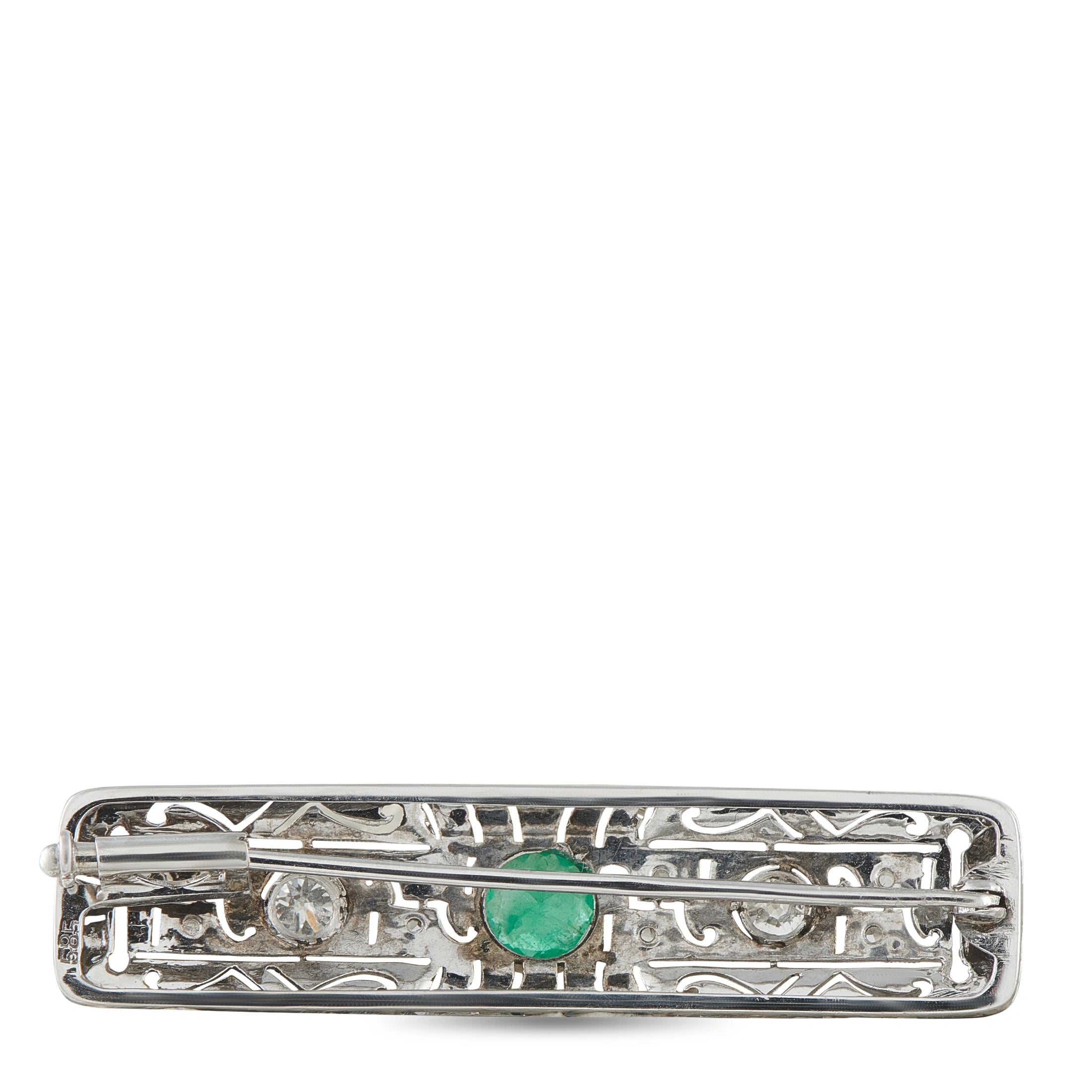 Antique 18K White Gold 0.50ct Diamond and Emerald Bar Brooch