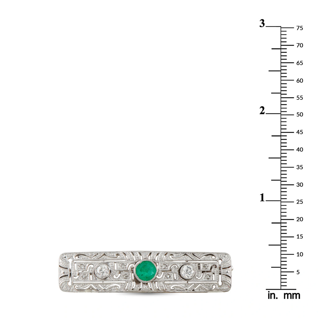 Antique 18K White Gold 0.50ct Diamond and Emerald Bar Brooch