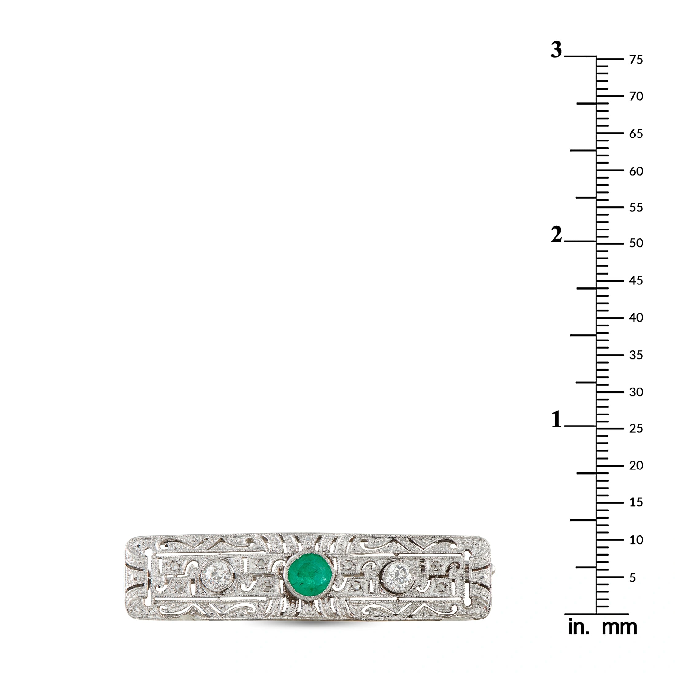 Antique 18K White Gold 0.50ct Diamond and Emerald Bar Brooch