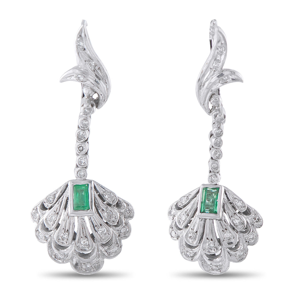 Antique 18K White Gold Diamond and Emerald Earrings