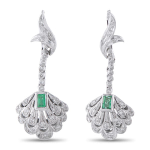 Antique 18K White Gold Diamond and Emerald Earrings
