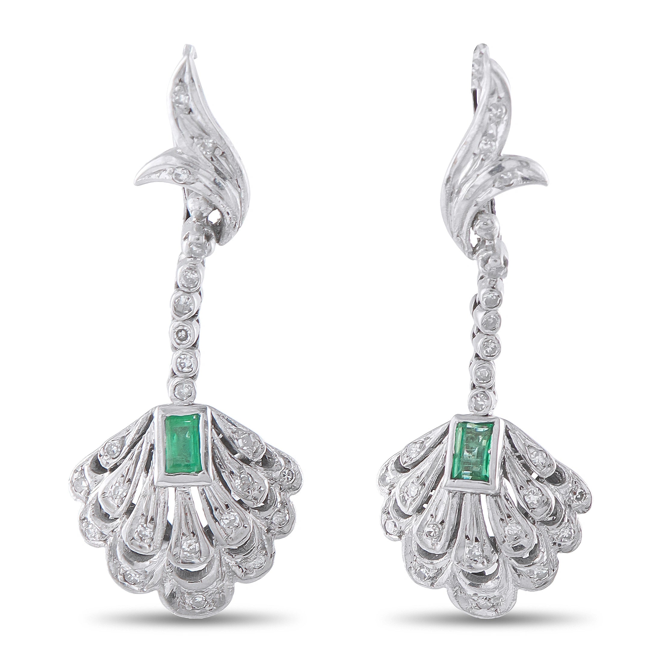 Antique 18K White Gold Diamond and Emerald Earrings