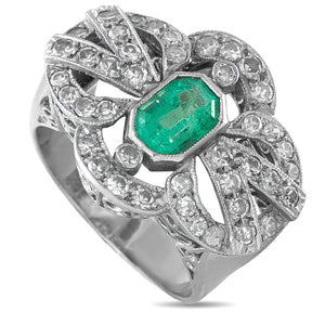Vintage 18K White Gold 0.84ct Diamond and Emerald Ring