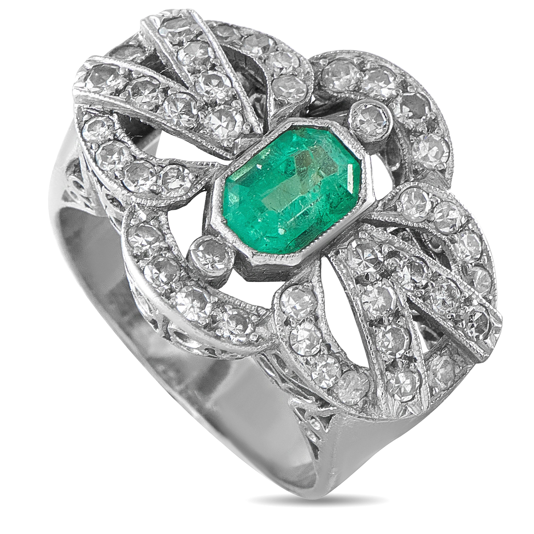 Vintage 18K White Gold 0.84ct Diamond and Emerald Ring