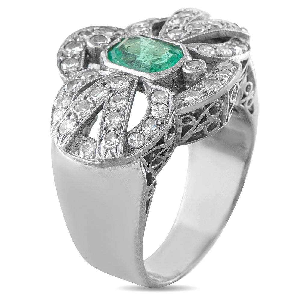 Vintage 18K White Gold 0.84ct Diamond and Emerald Ring