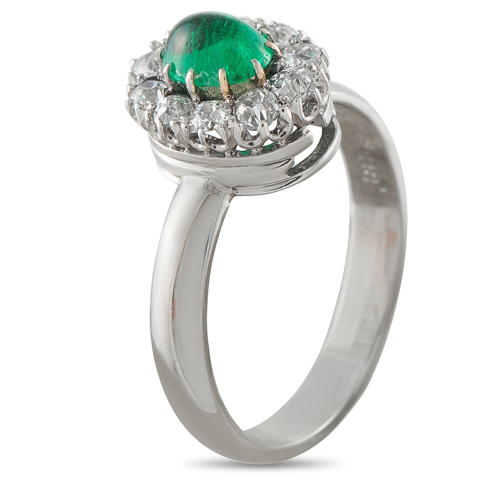 White gold diamond halo ring with green emerald center, side view