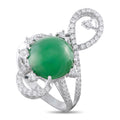 White gold ring with green jade oval and diamond halo, three-stone style band