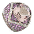 18K white gold ring with oval morganite, diamond accents, and pink sapphire pavé