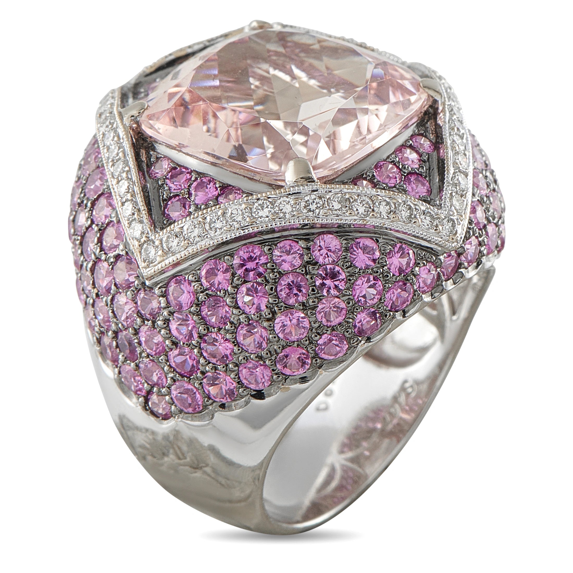 18K White Gold 0.48ct Diamond, Morganite, and Pink Sapphire Ring