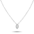 White gold diamond pendant on chain, pear-cut center stone in oval frame