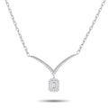 18K white gold diamond necklace with V-shaped pendant and square drop
