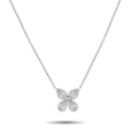 White gold diamond flower pendant necklace with four-petal cluster on chain
