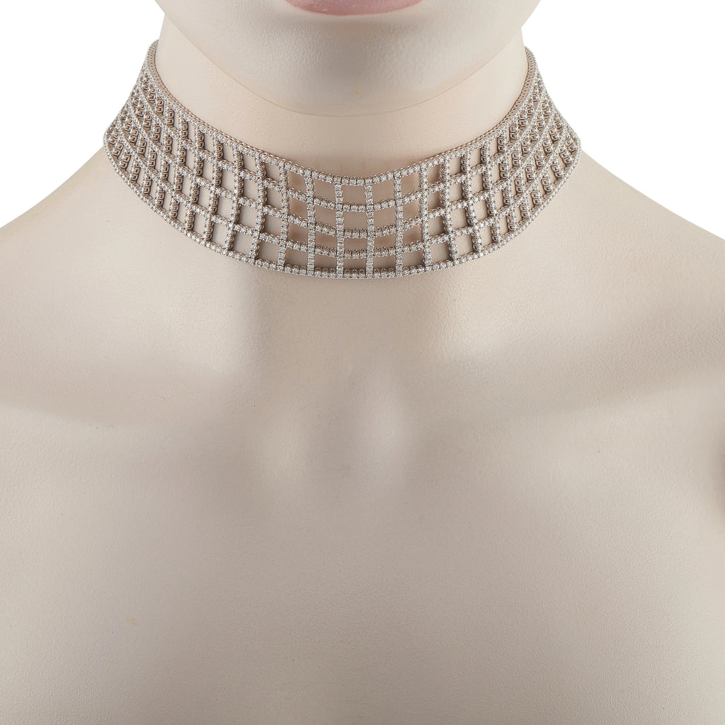 18K White Gold 25.20ct Diamond Lattice Choker Necklace