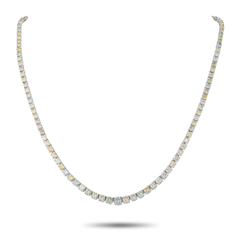 White gold tennis necklace with round diamond bezel links, even row