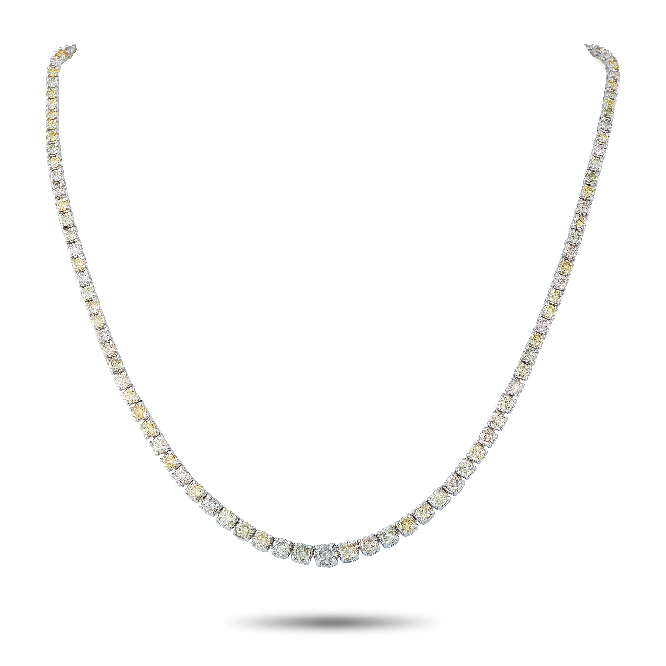 White gold tennis necklace with round diamond bezel links, even row
