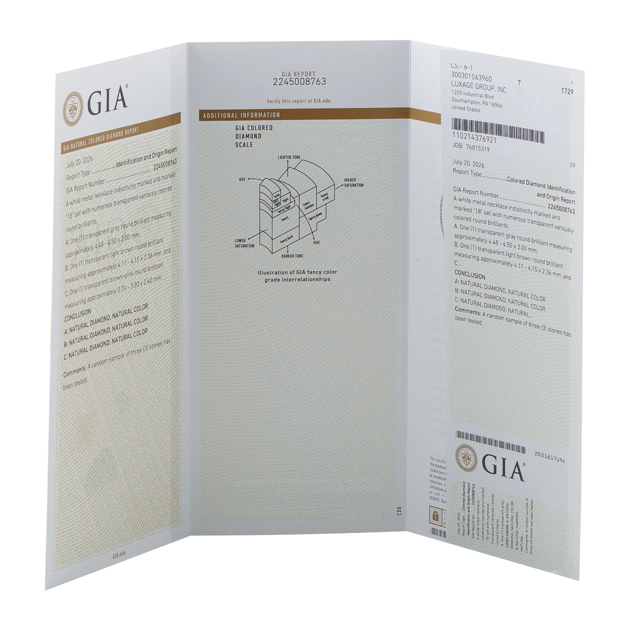 Folded GIA diamond grading report with barcode and printed text