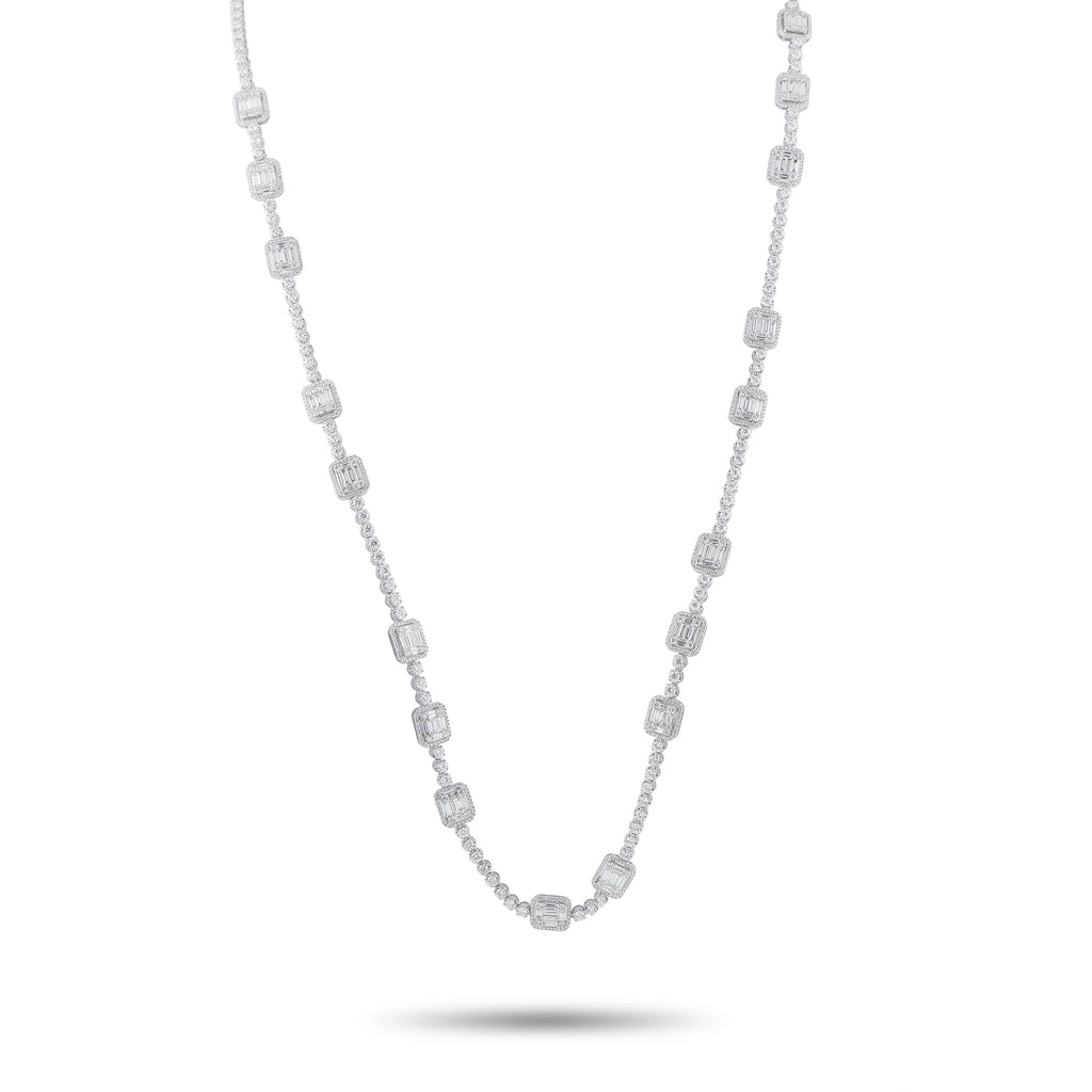 18K white gold diamond station necklace with rectangular station links, clasp visible