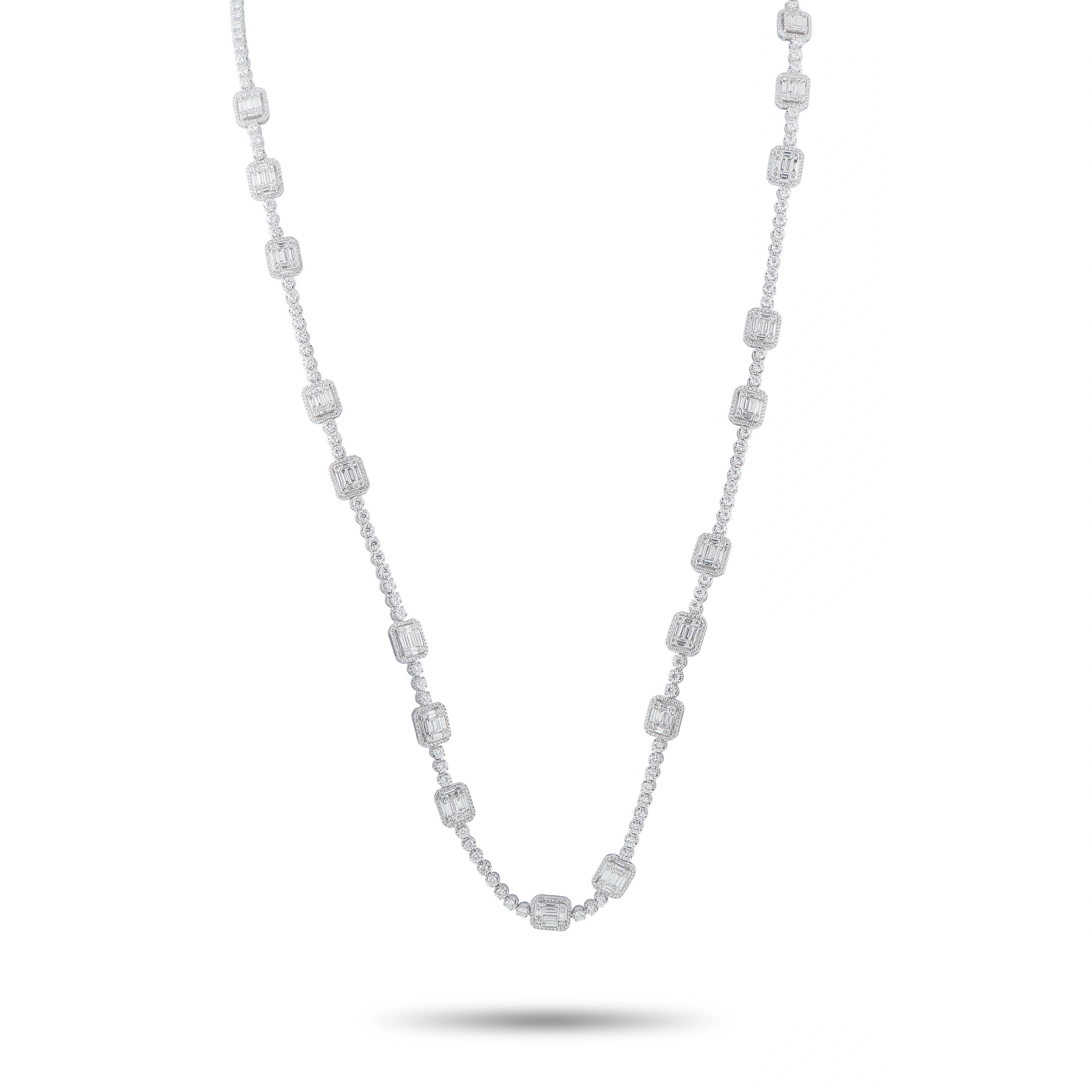 18K white gold diamond station necklace with rectangular station links, clasp visible