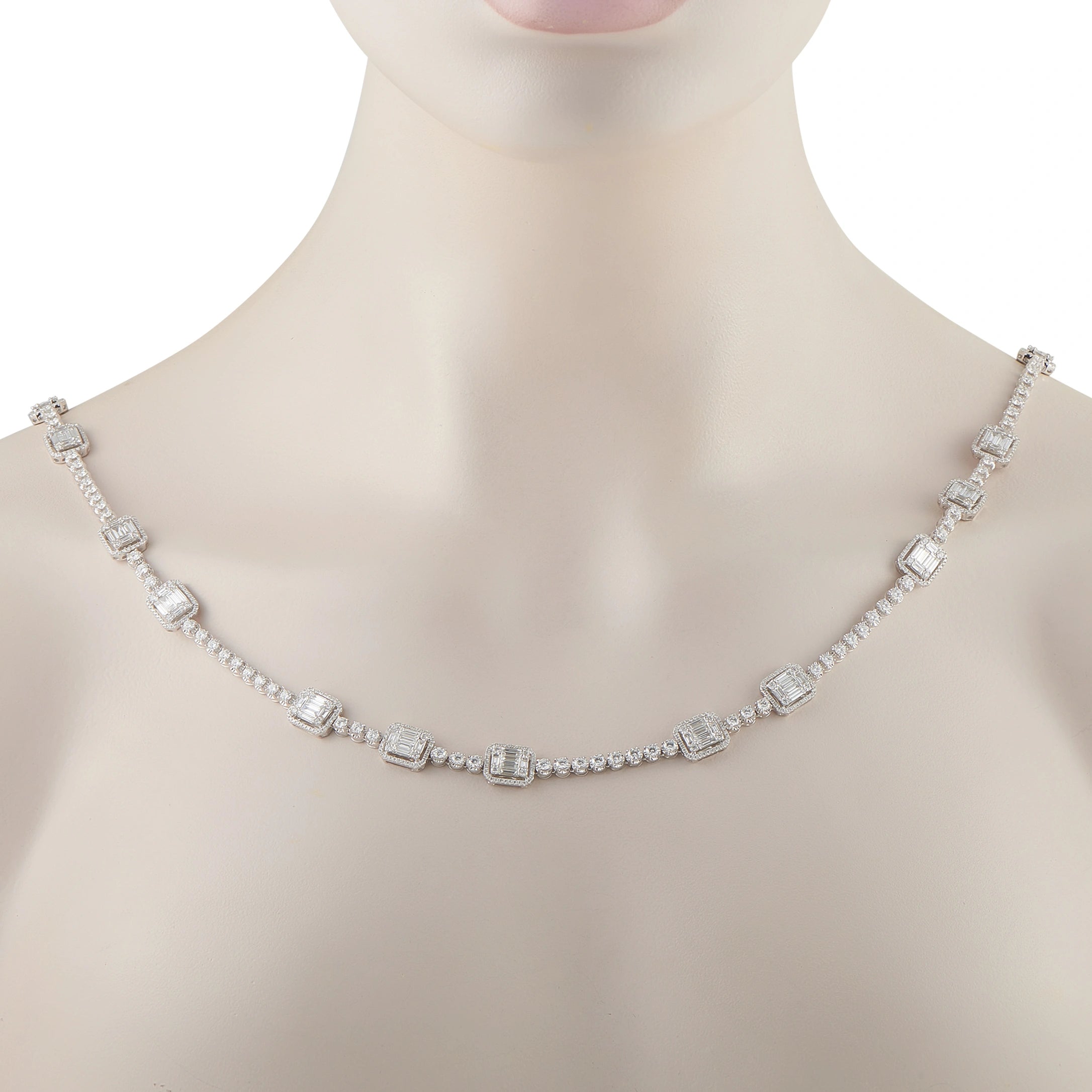 18K white gold diamond station necklace on mannequin, rectangular links with small stones