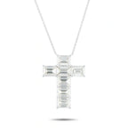 18K white gold diamond cross pendant with baguette-cut stones on a fine chain