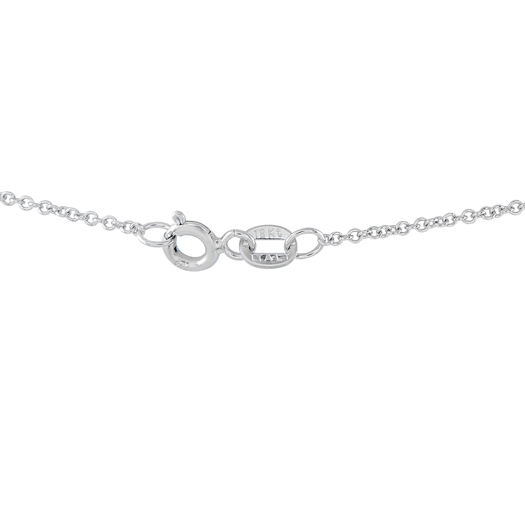 White gold necklace chain with oval clasp and small stamped tag