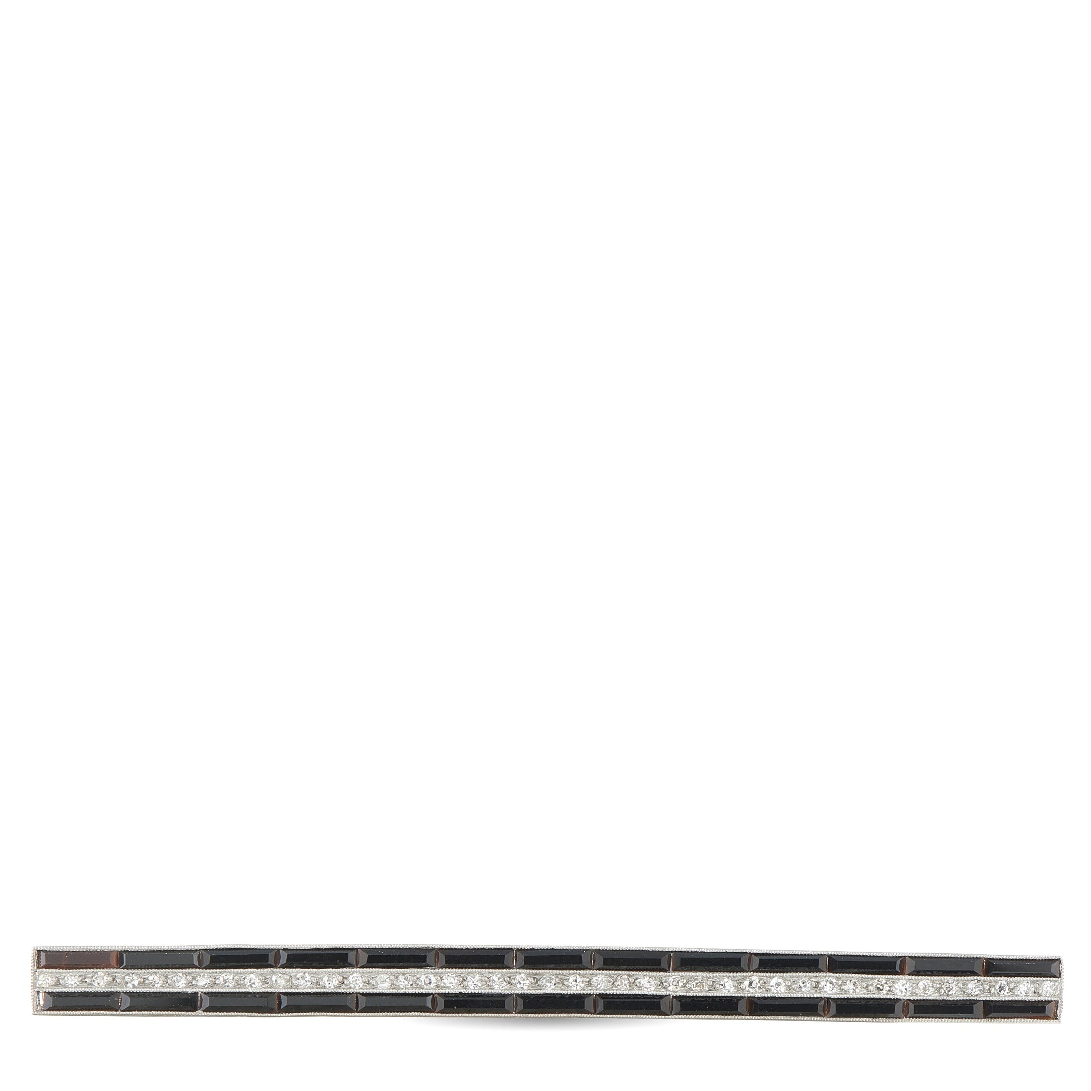 Antique 18K White Gold 0.65ct Diamond and Onyx Bar Brooch