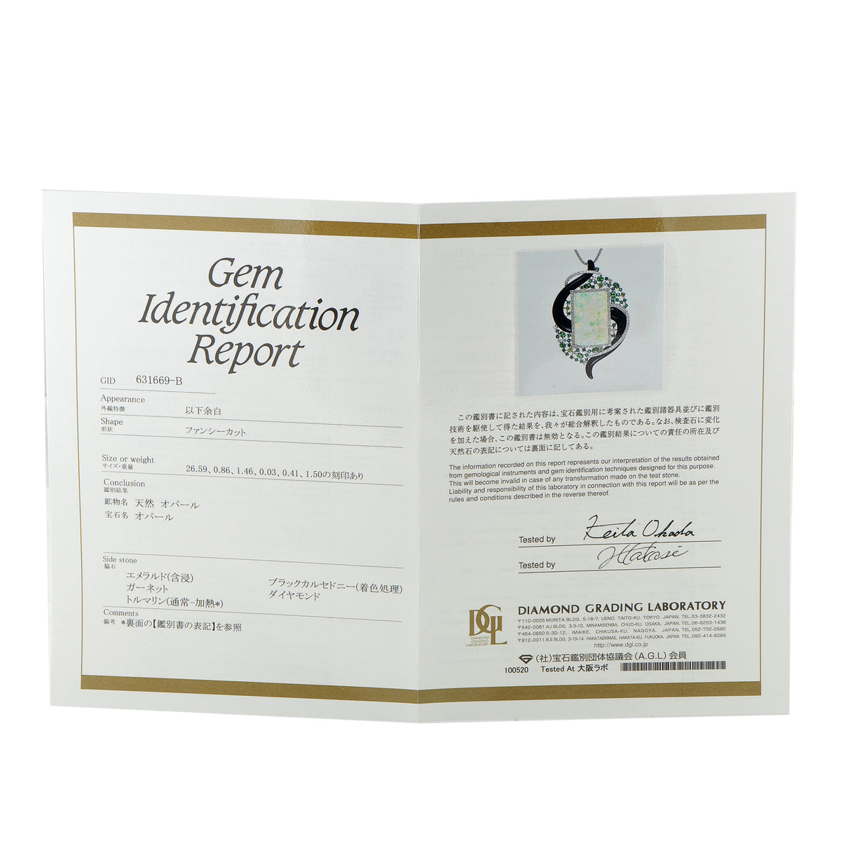 Gem identification report certificate for jewelry, printed document with lab seal
