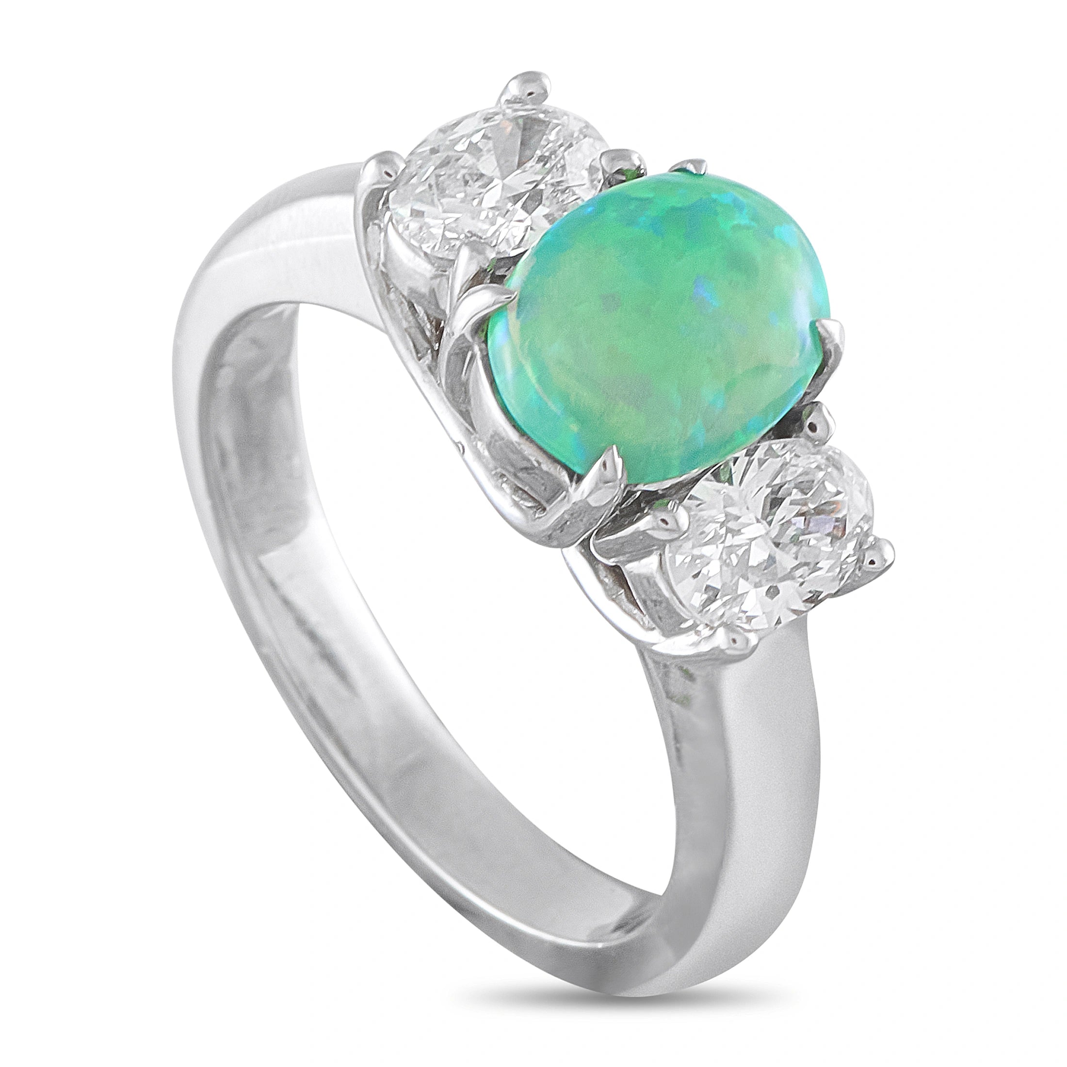 White gold three-stone ring with oval green opal and two round diamonds