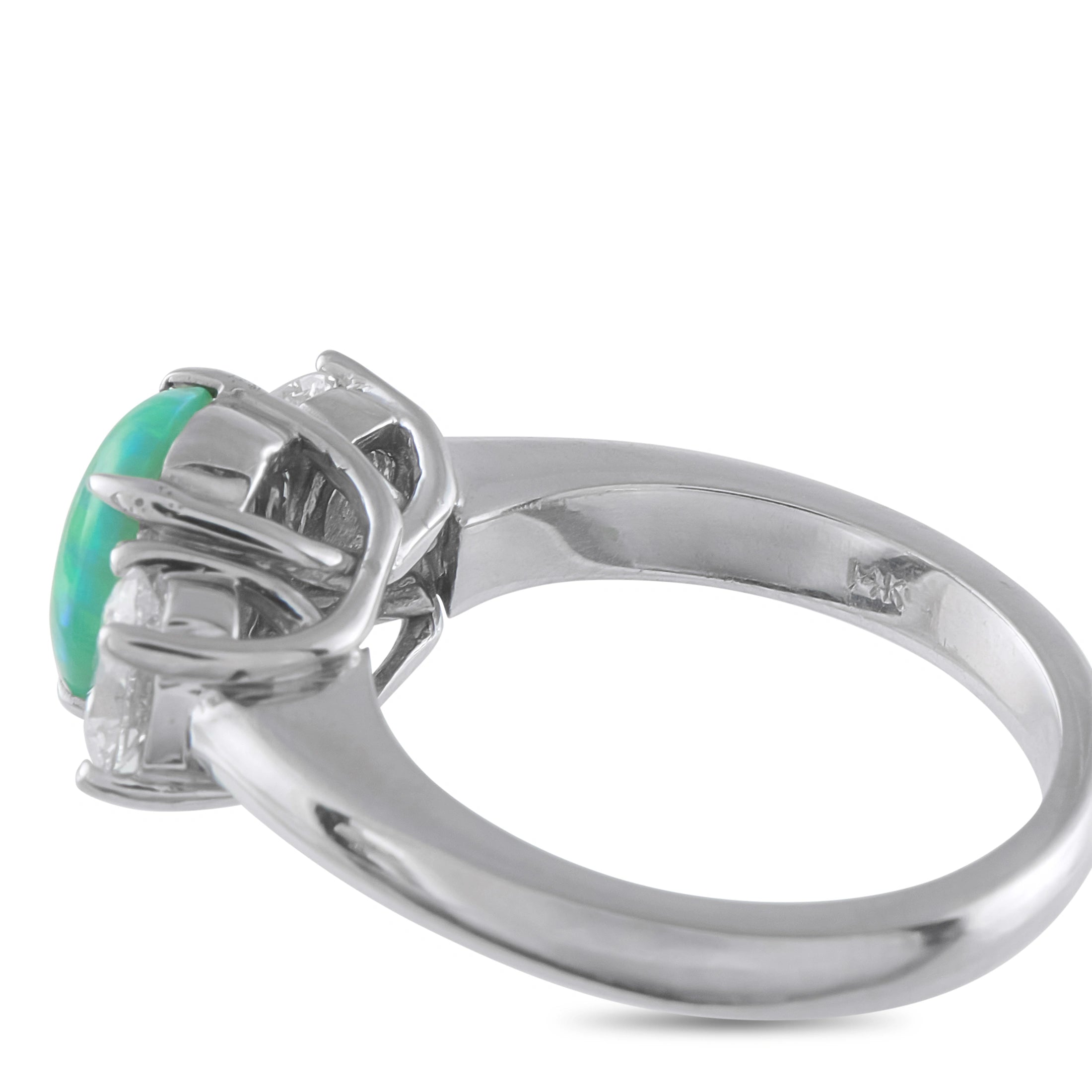 White gold ring profile with green opal prong-set and round diamond side stones