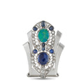 Art Deco white gold brooch with green opal, blue sapphires, diamond accents, clasp