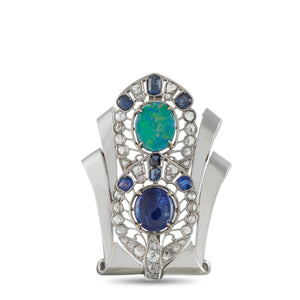 18K White Gold 1.0ct Diamond, Opal, and Sapphire Art Deco Brooch