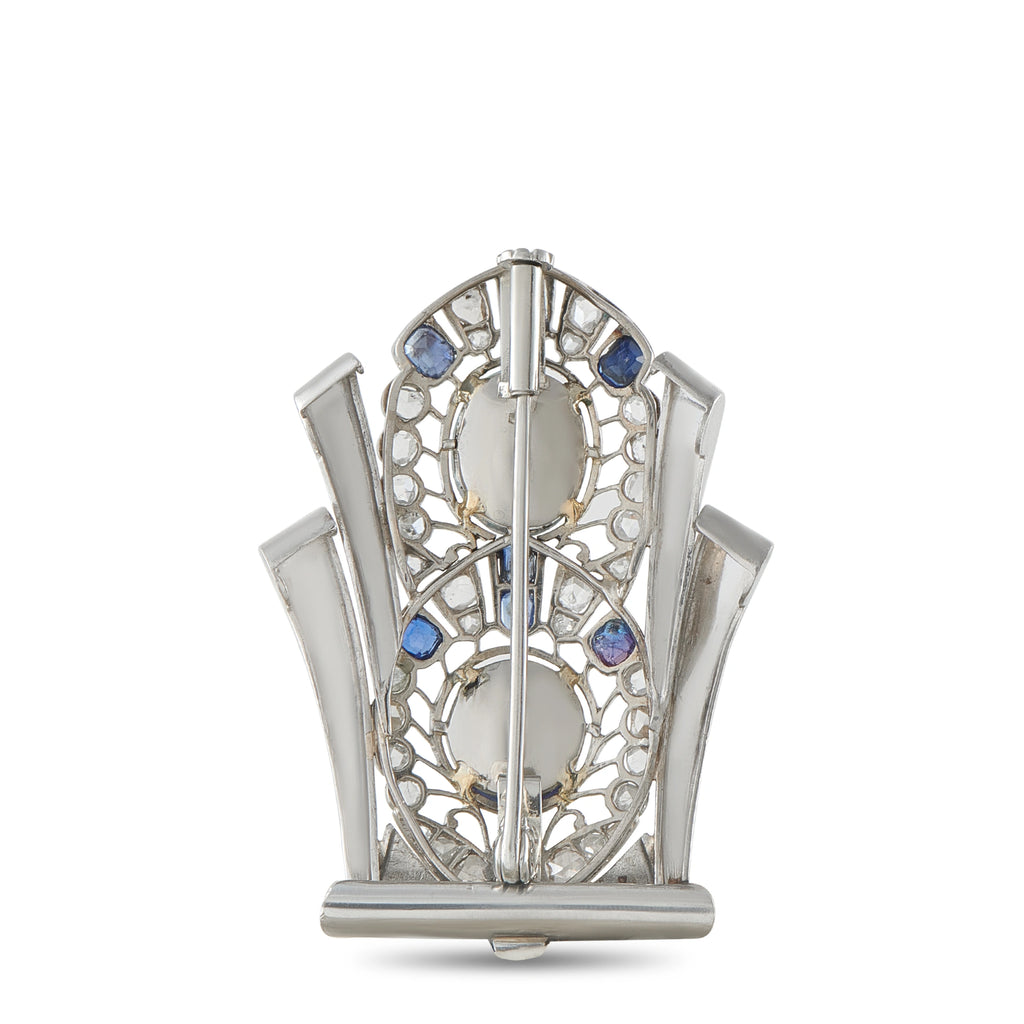 18K White Gold 1.0ct Diamond, Opal, and Sapphire Art Deco Brooch