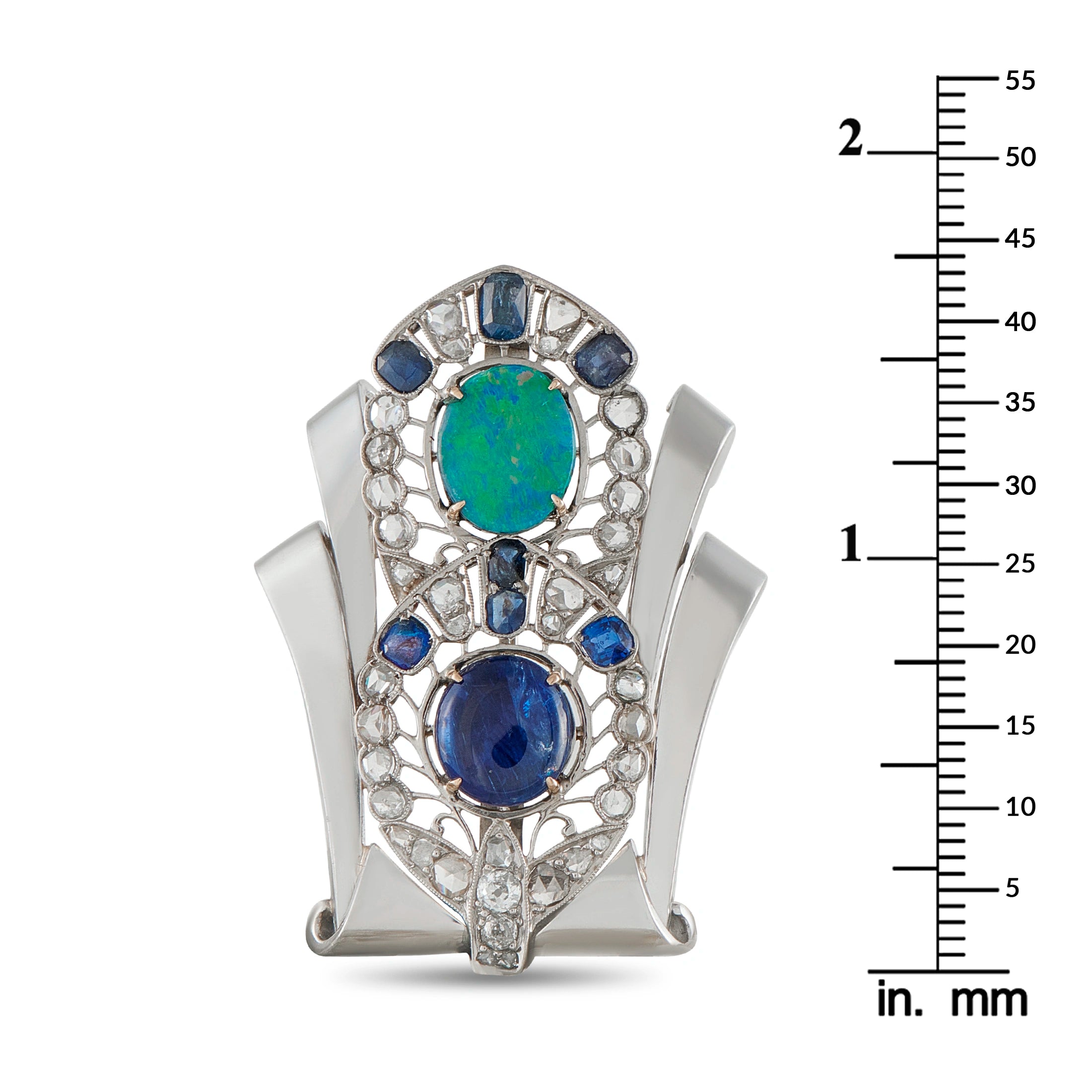 18K White Gold 1.0ct Diamond, Opal, and Sapphire Art Deco Brooch