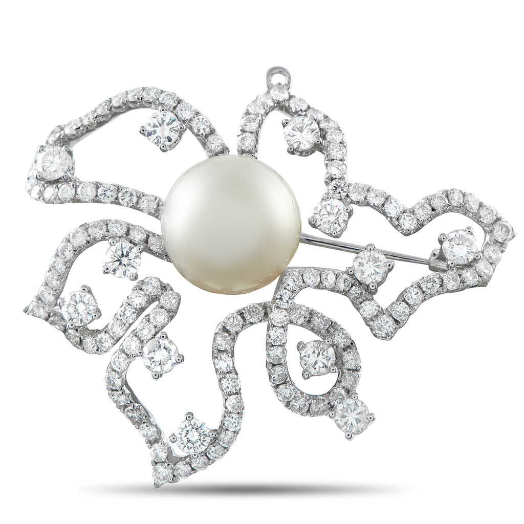 Exclusive 18K White Gold 5.0 ct Diamond and Pearl Brooch