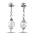 White gold pearl drop earrings with diamond accents and pear-shaped pearl