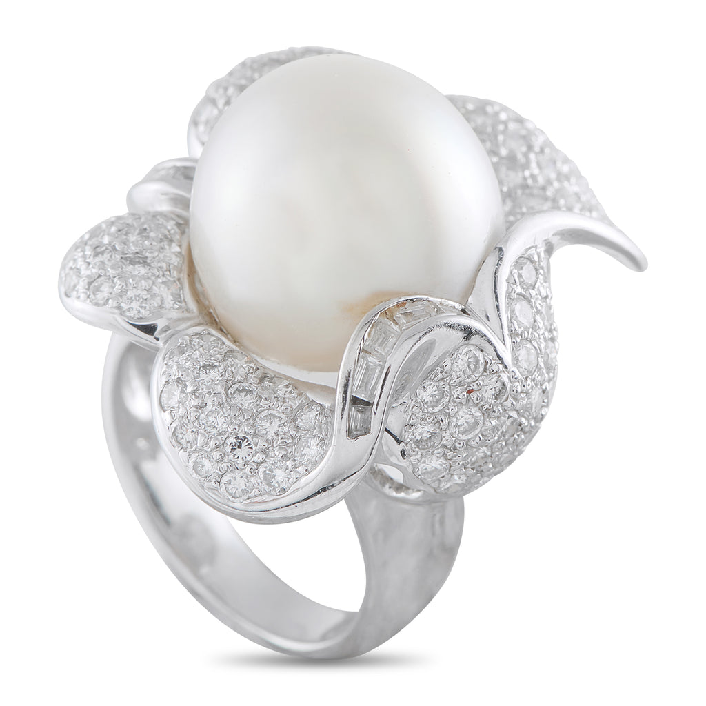 18K White Gold 1.25ct Diamond and Pearl Ring