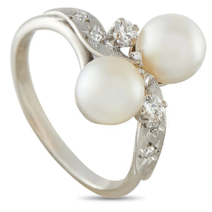 Vintage 18K White Gold 0.16ct Diamond and Pearl Bypass Ring