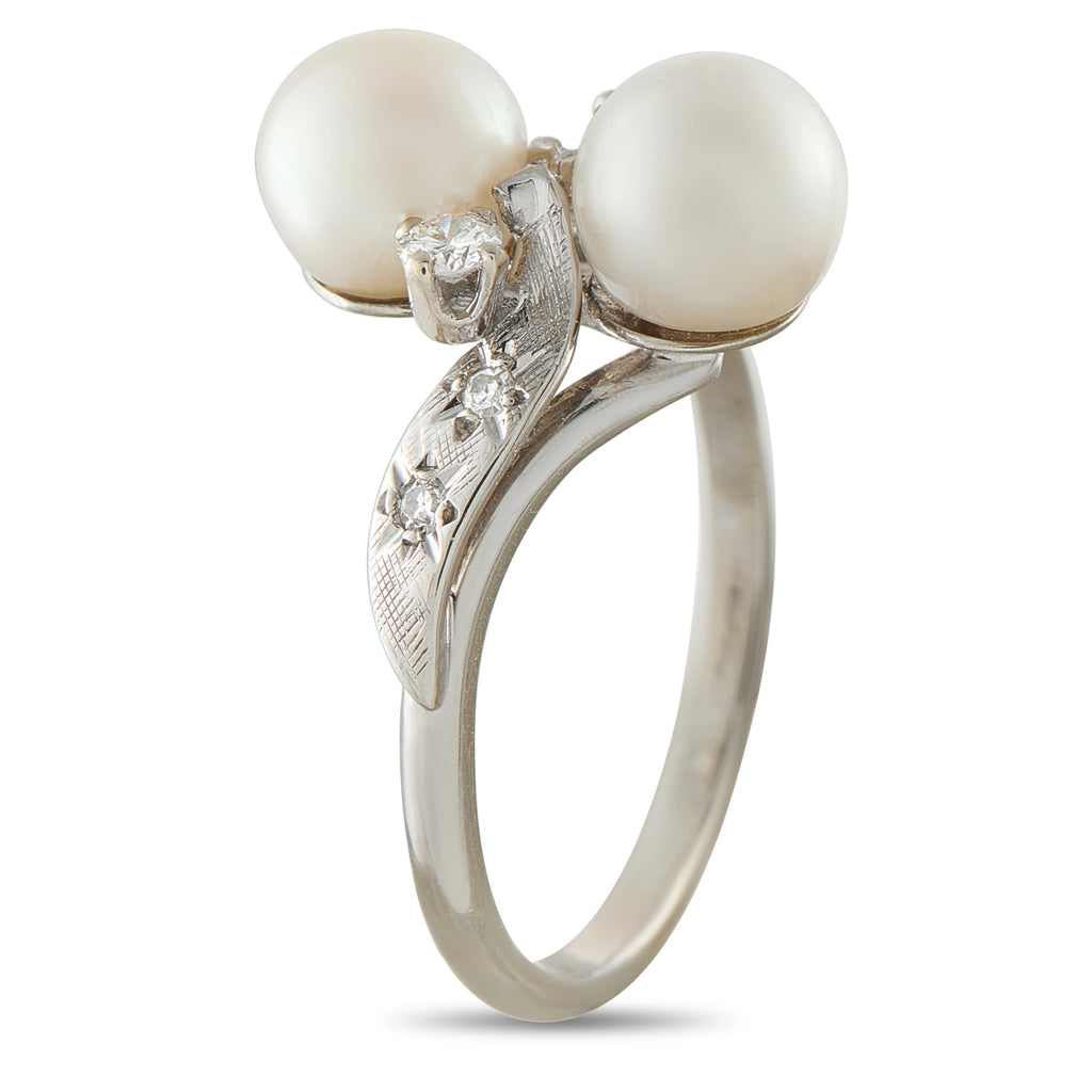 Vintage 18K White Gold 0.16ct Diamond and Pearl Bypass Ring