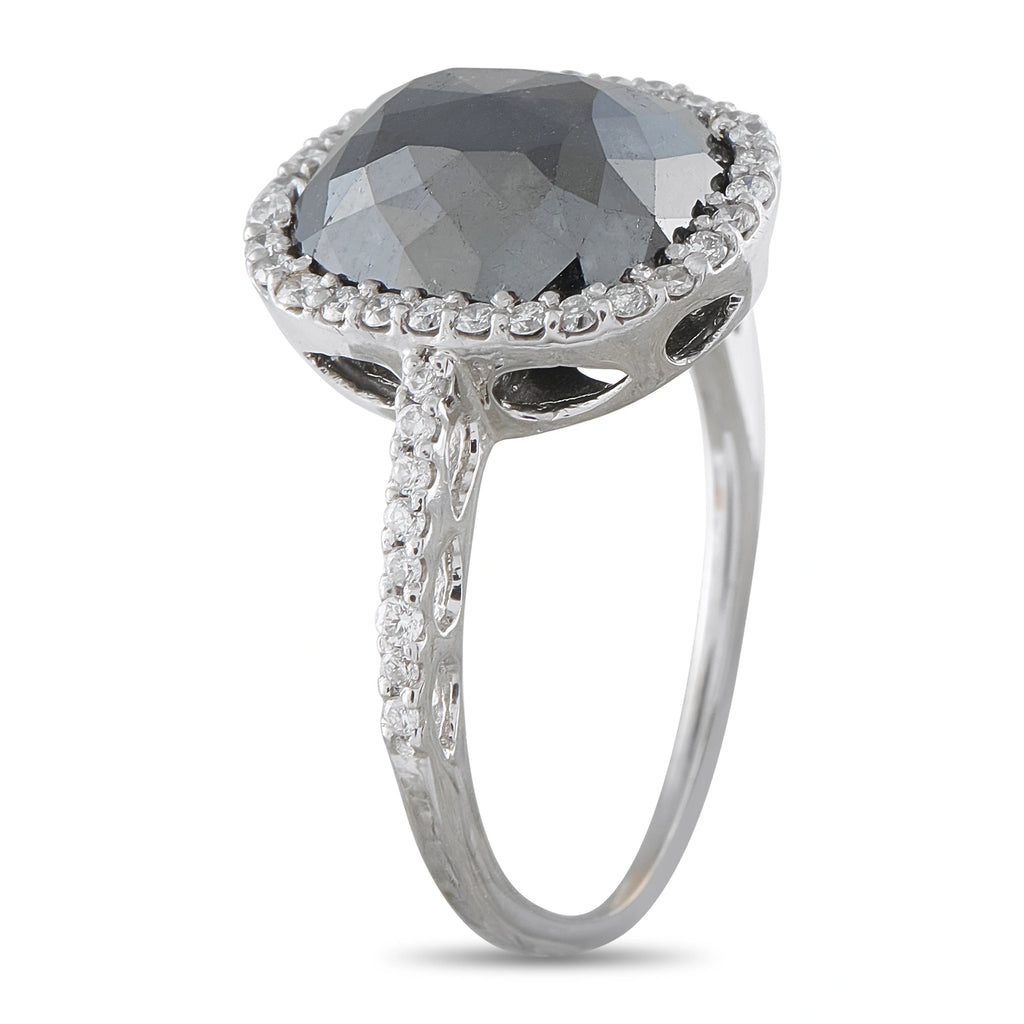 18K White Gold 5.73ct Black Diamond and White Diamond Halo Ring